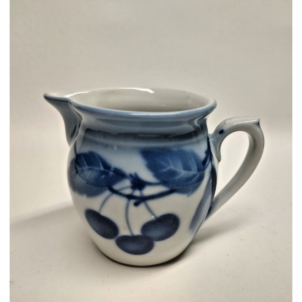 Vintage Small Pitcher Porcelain Czechoslovakia Cherries blue & white 2-5/8" tall